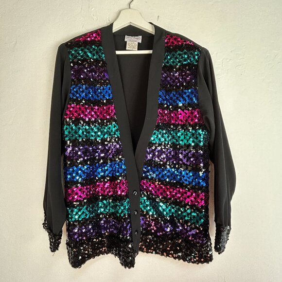 Vintage Three Flags California Women Striped Metallic Sequin Cardigan Sweater 12 - Picture 1 of 8